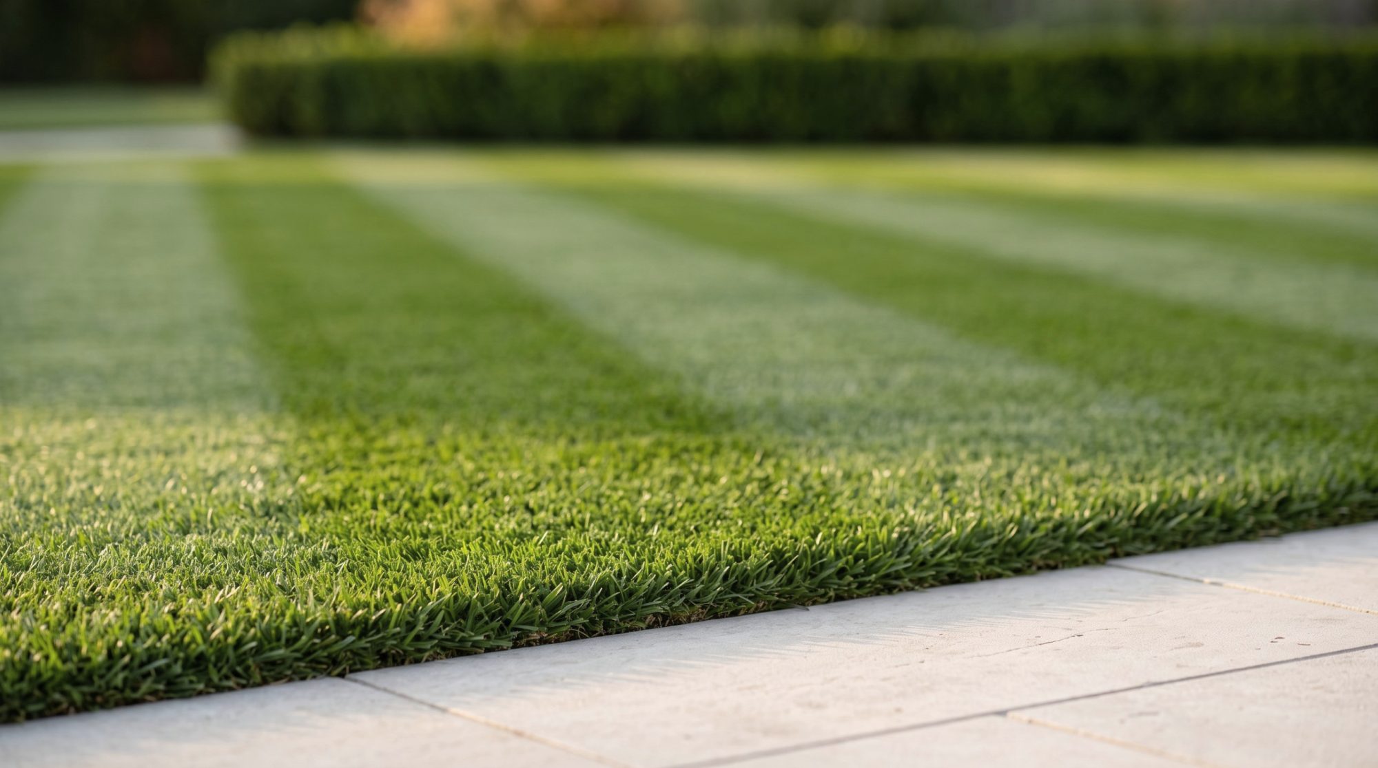 Close view of a freshly mowed striped lawn meeting a clean stone edge