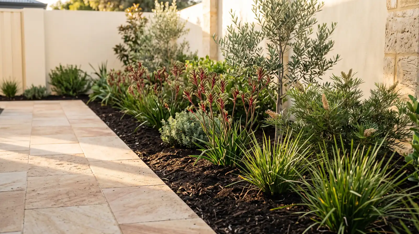 A tidy garden bed with dark soil, healthy plants and a clean paved path