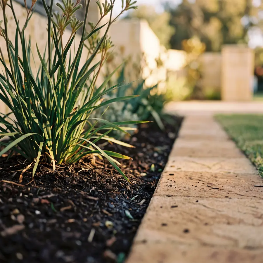 Close-up of a clean garden bed edge with dark soil and a healthy plant