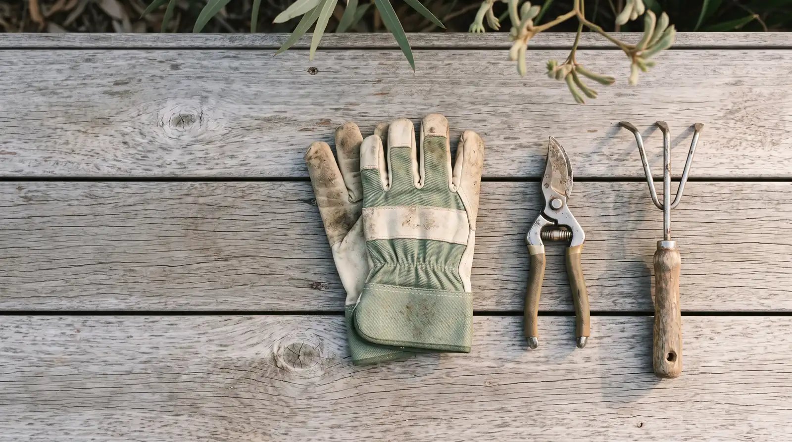 Gardening gloves, secateurs and a hand rake laid out on a timber deck