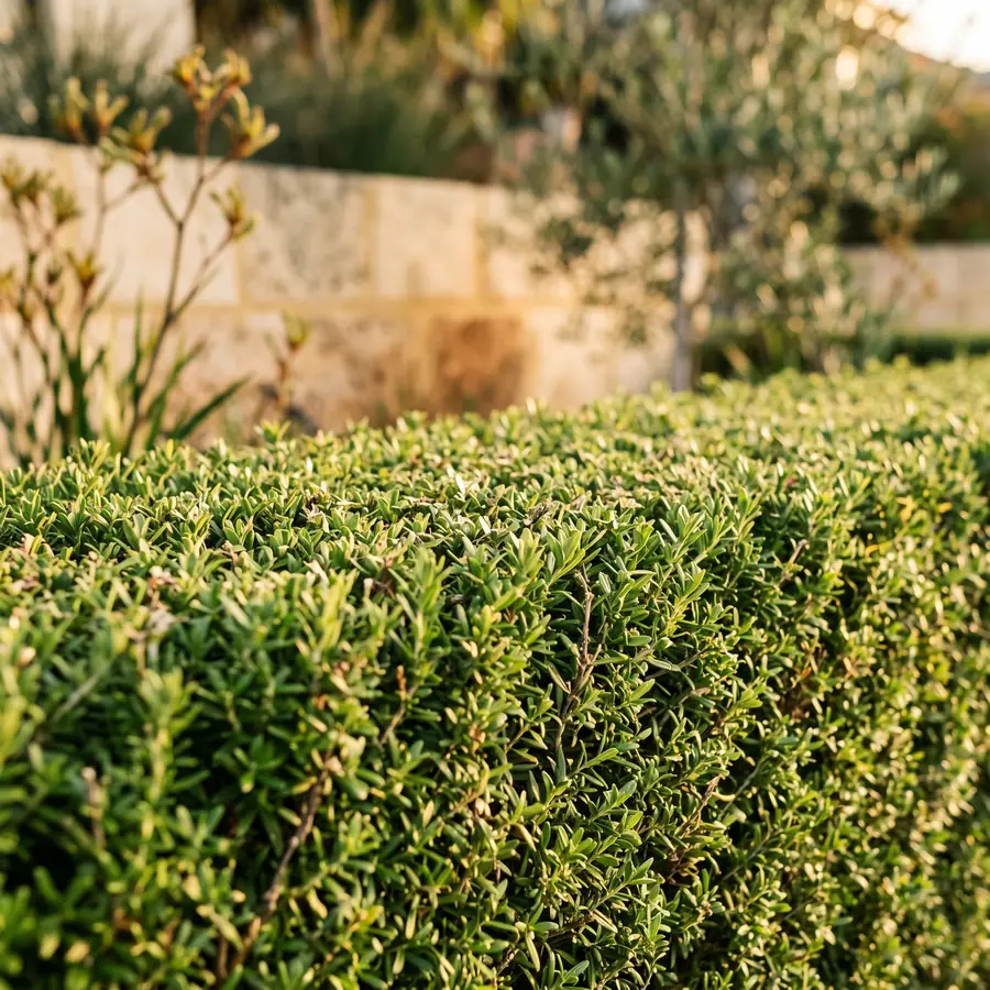 Close-up of the top of a freshly trimmed hedge