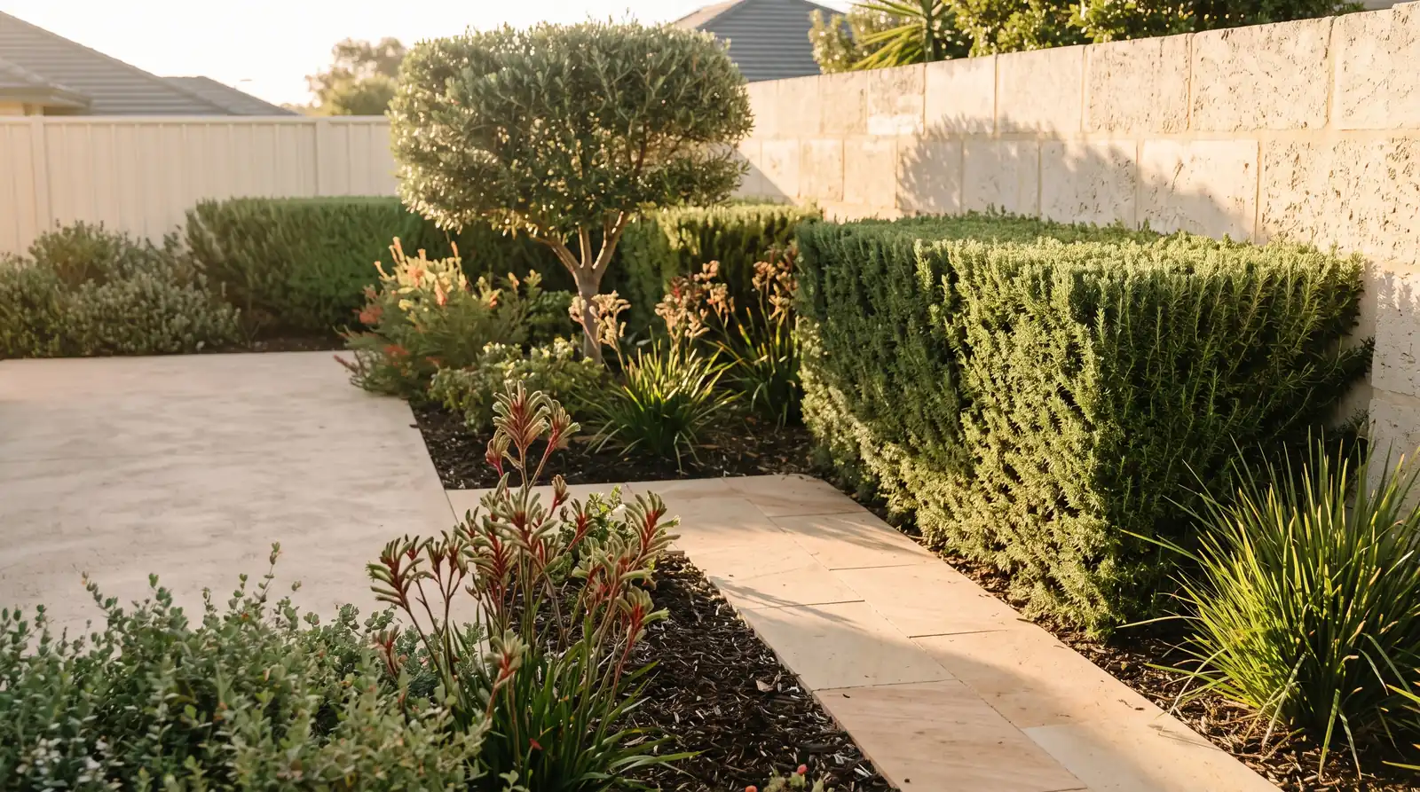 A neatly clipped hedge beside a limestone garden wall