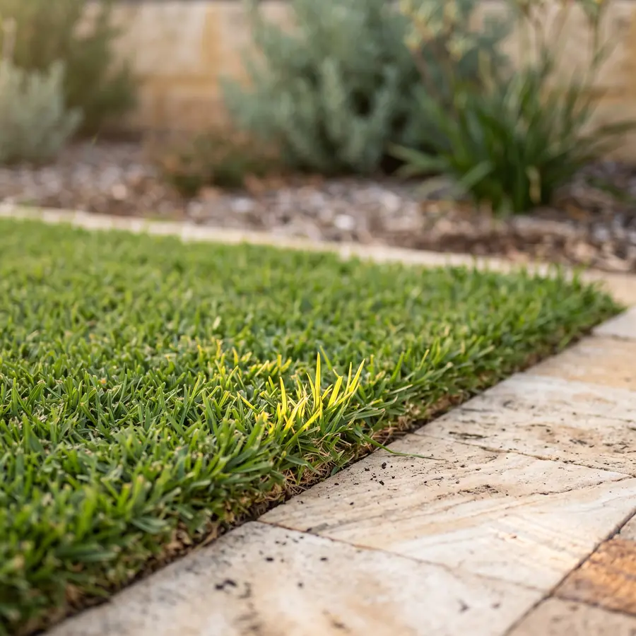 Close-up of a clean lawn edge meeting a paved path