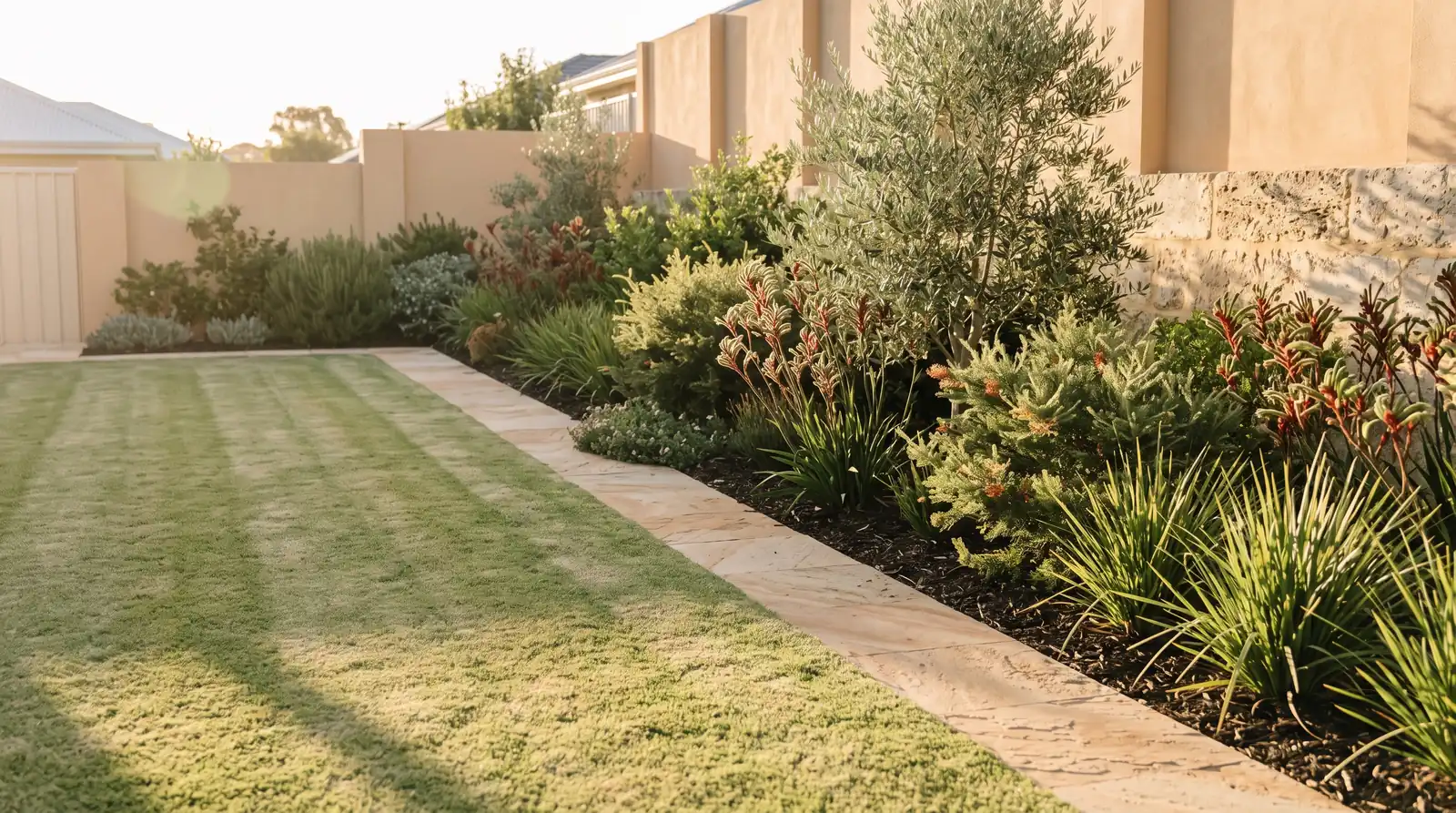A freshly mown back lawn beside a garden bed and paved path