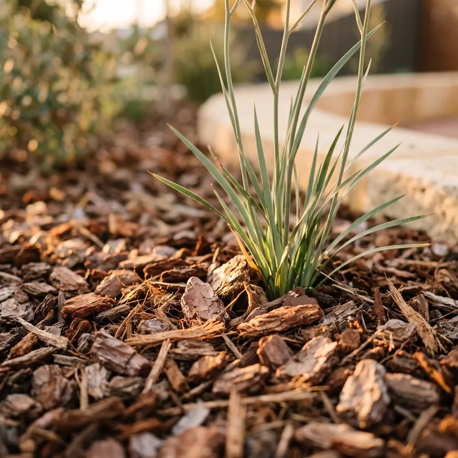 Close-up of fresh pine bark mulch around a young native plant
