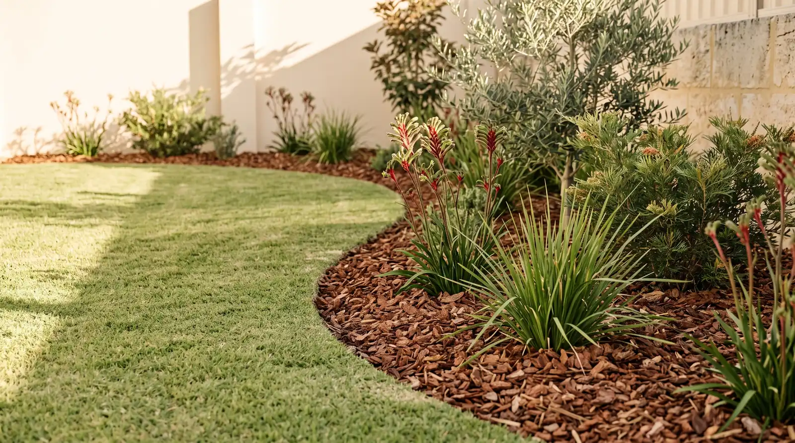 A garden bed freshly covered in pine bark mulch with a curved edge against the lawn