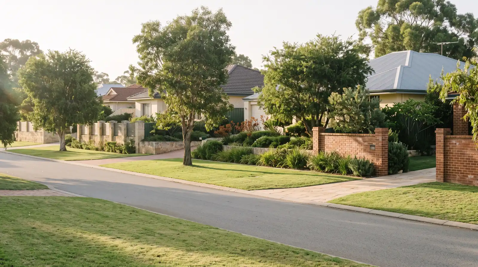 A quiet Perth suburban street with well-kept front gardens and lawns